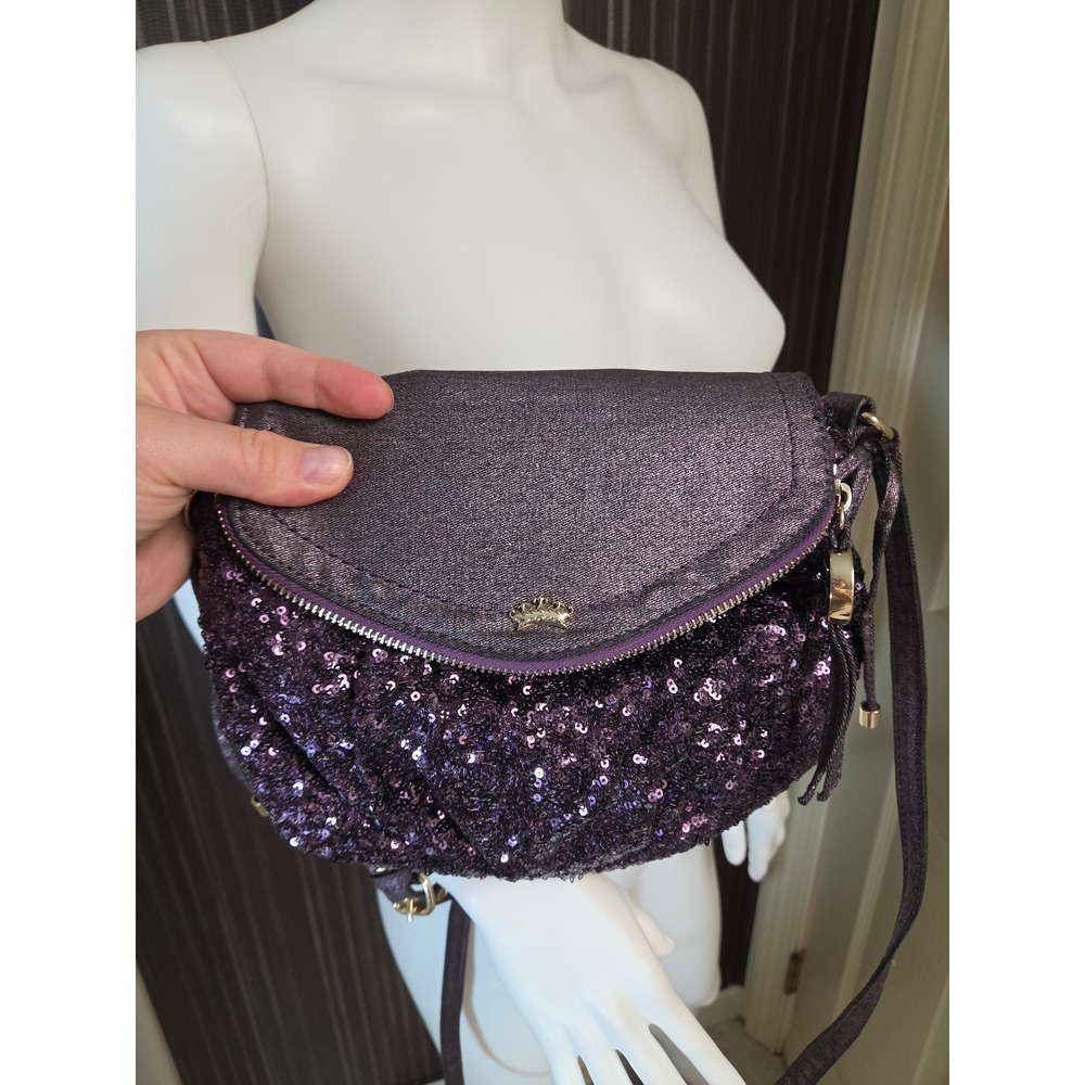 Juicy Couture Purple Sequin Crossbody Bag Metallic Flap Gold Crown Tassel Bag